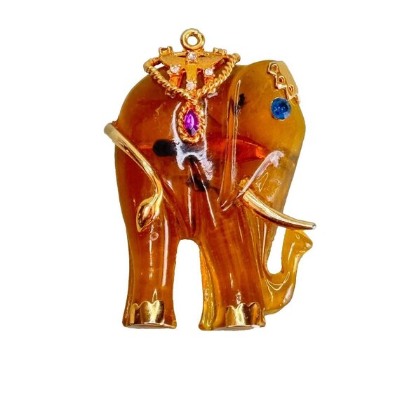 unbranded Jewelry - Vintage Amber Lucite Jeweled Ceremonial Elephant Gold Gilded Trim Brooch/pendant